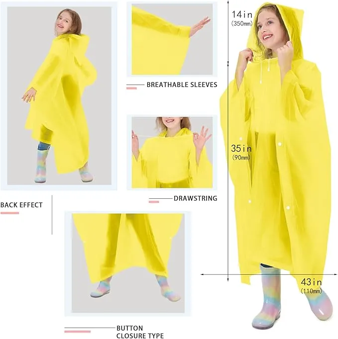 2 Pack Kids Rain Ponchos Reusable EVA Ponchos with Drawstring Hood, Waterproof Jacket for Boys and Girls
