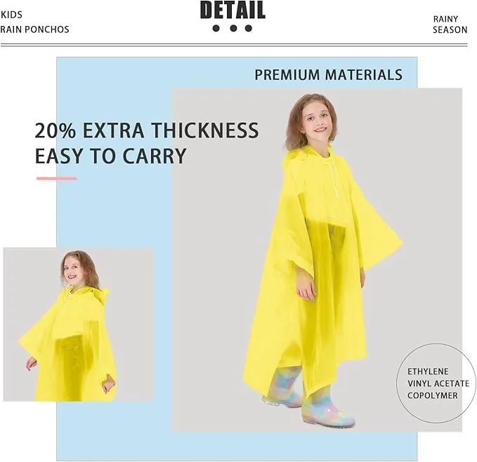 2 Pack Kids Rain Ponchos Reusable EVA Ponchos with Drawstring Hood, Waterproof Jacket for Boys and Girls