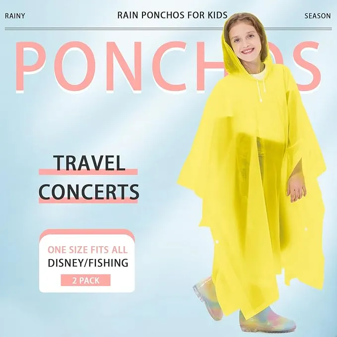 2 Pack Kids Rain Ponchos Reusable EVA Ponchos with Drawstring Hood, Waterproof Jacket for Boys and Girls