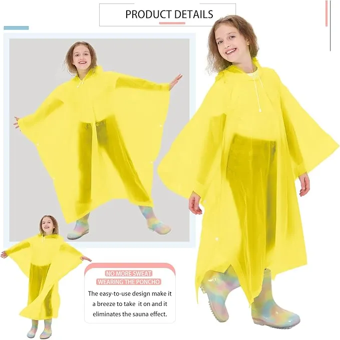 2 Pack Kids Rain Ponchos Reusable EVA Ponchos with Drawstring Hood, Waterproof Jacket for Boys and Girls