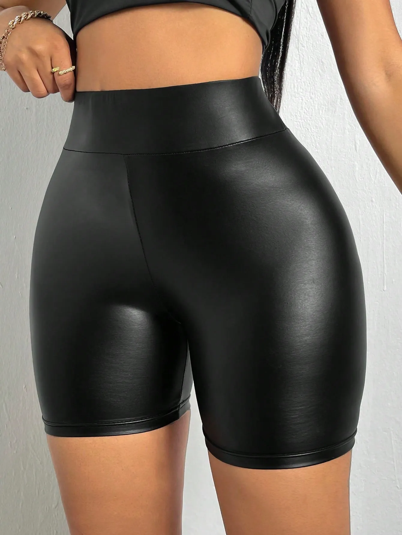 BamGleam Shorts biker de cintura ancha PU  CR