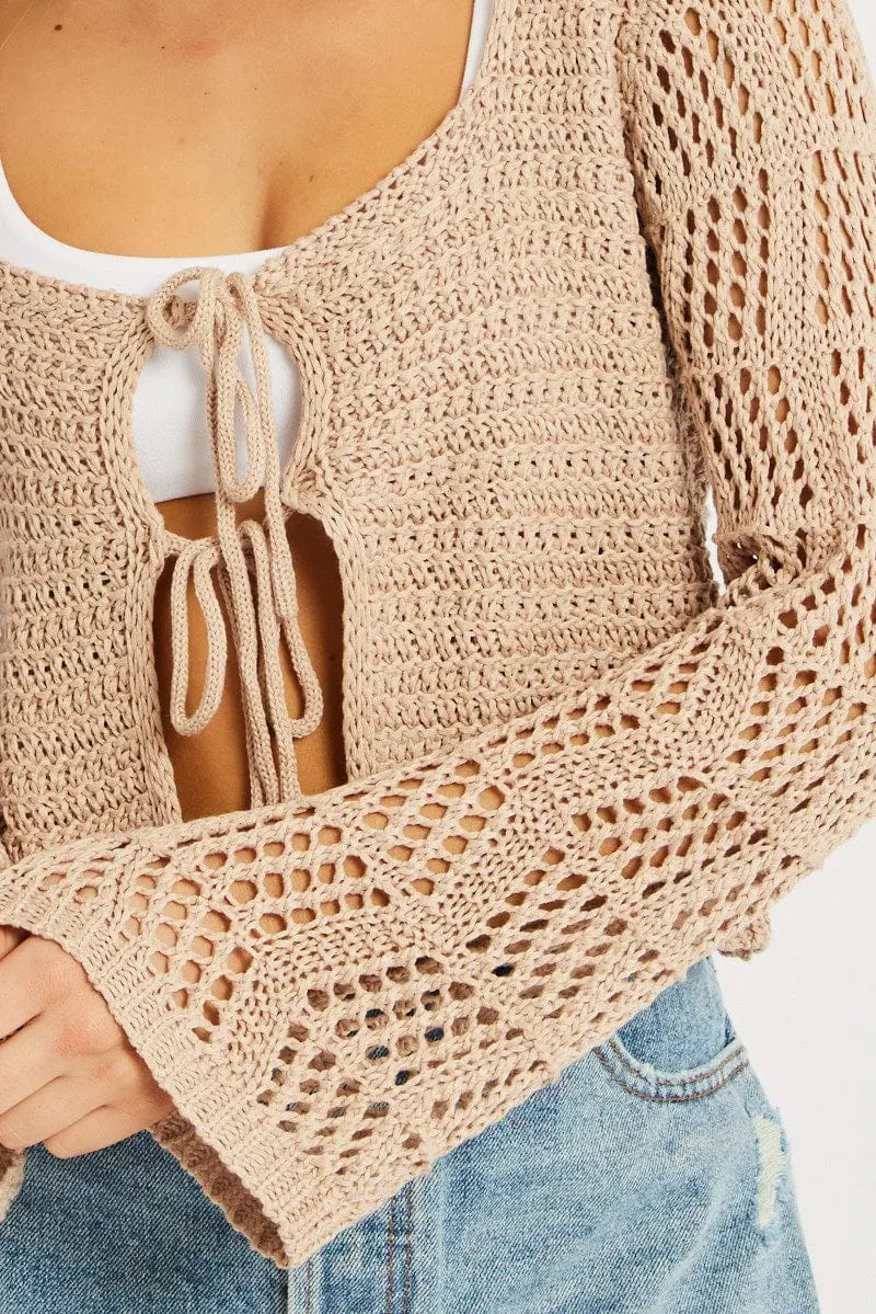 Beige Crochet Cardigan Long Sleeve Squared Neck