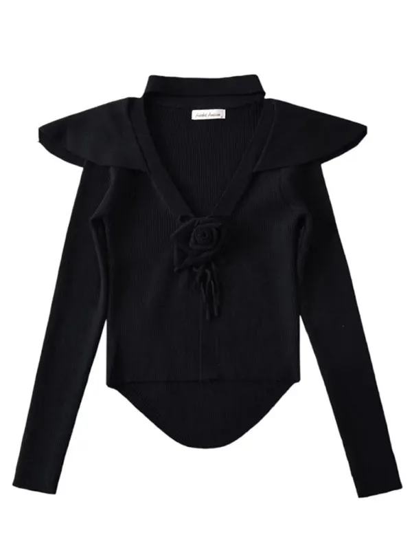 BerryBetty - Women's new style French rose large lapel scarf knitted Crop cardigan