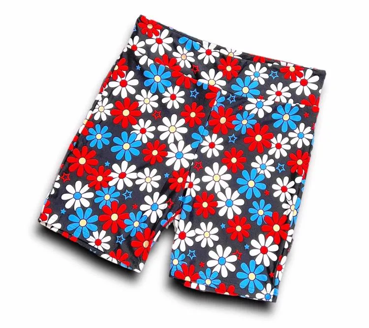 Biker Shorts - Black Red White Blue Retro Floral