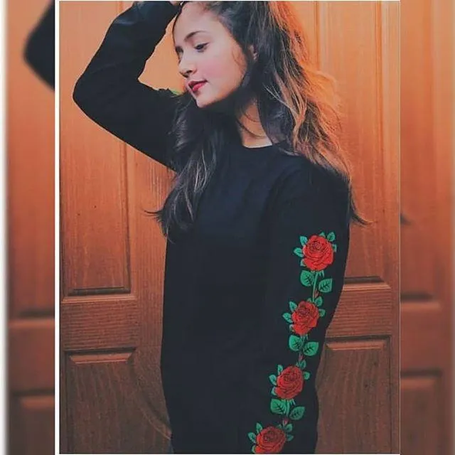 Black 2 Sleeves Floral Printed T-Shirt For Women