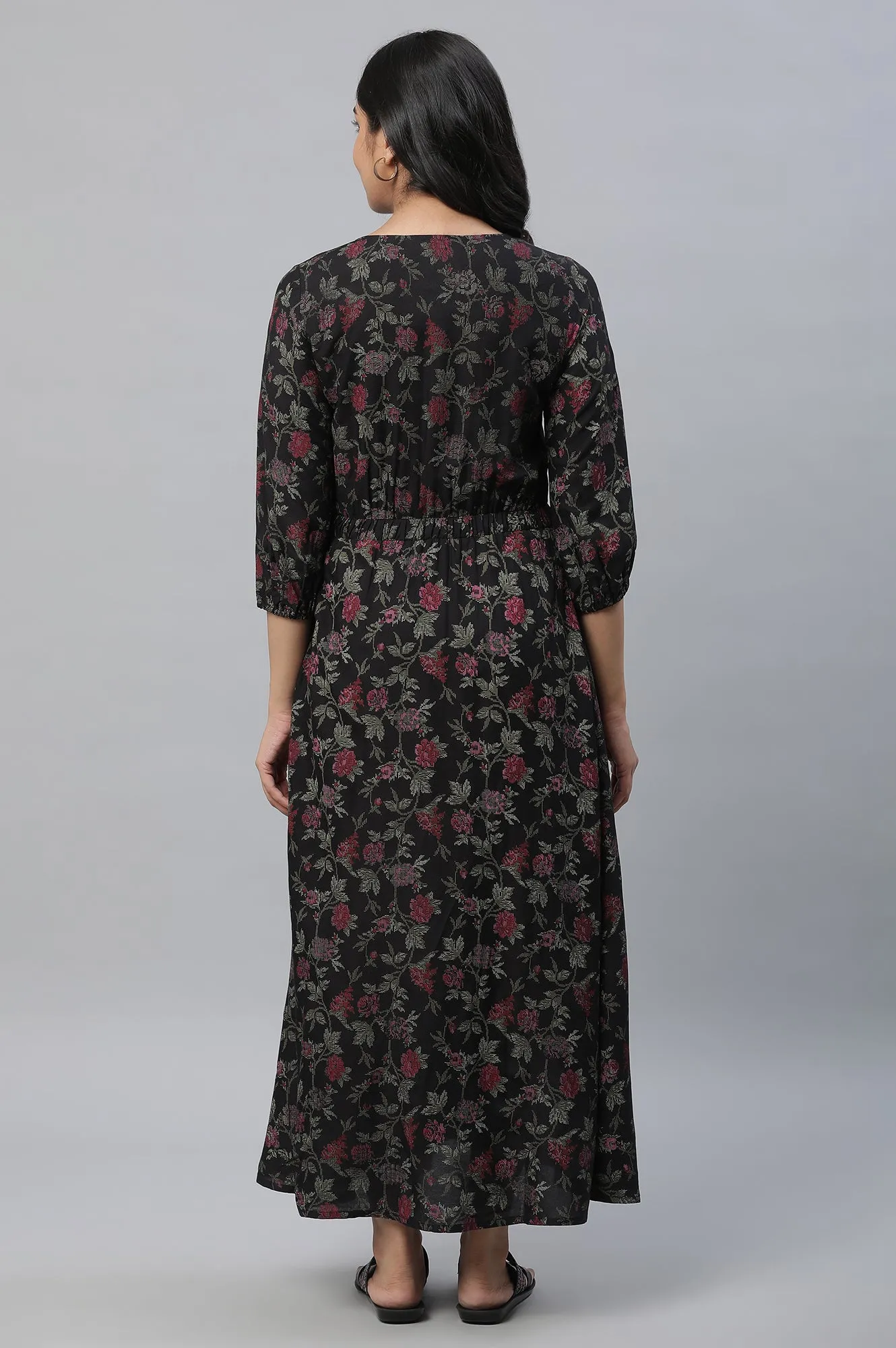 Black Floral Printed Gathered Dress