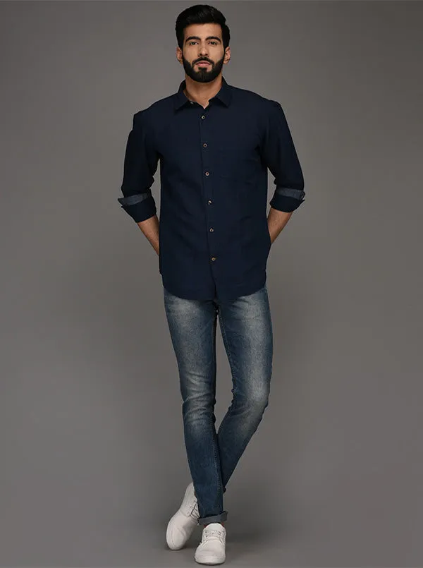 Blue Solid Slim Fit Casual Shirt | JadeBlue