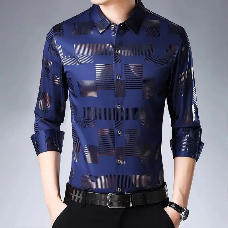 Brand Casual Luxury Plaid Long Sleeve Slim Fit Men's Shirt