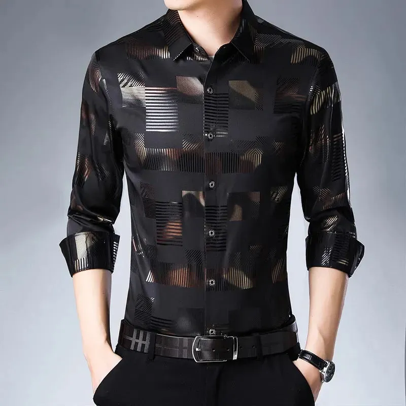 Brand Casual Luxury Plaid Long Sleeve Slim Fit Men's Shirt