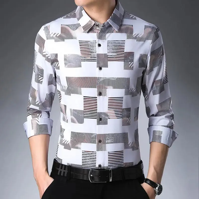Brand Casual Luxury Plaid Long Sleeve Slim Fit Men's Shirt