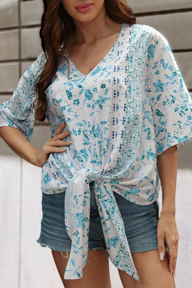 Casual Print Split Joint V Neck T-Shirts
