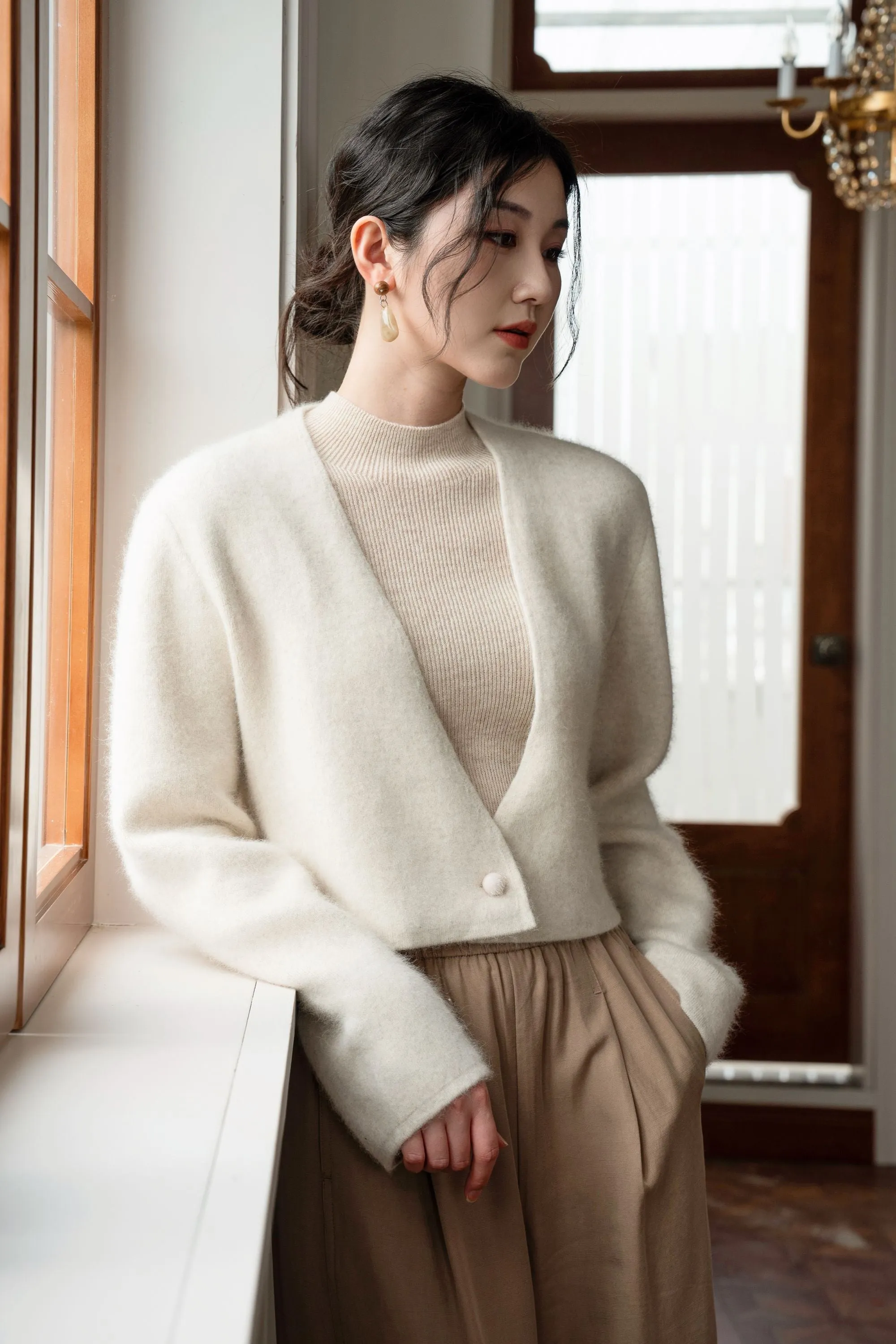 Catina Wool And Raccoon Yarn Cropped Cardigan