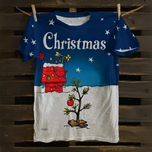 Christmas Tree Holiday Blue Cartoon Unisex T-Shirt