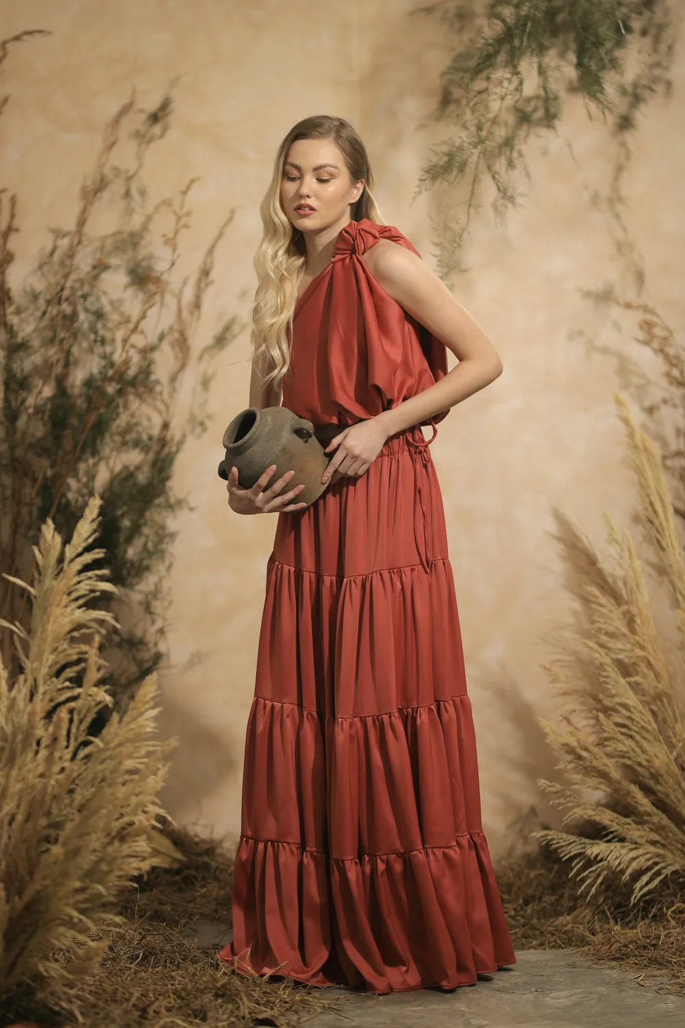 COSTA DEL SOL Twist Top with Four Layer Maxi Skirt  (Rust Silk)