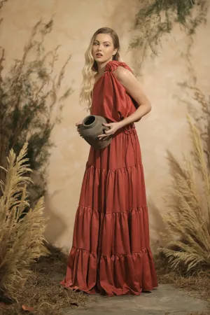 COSTA DEL SOL Twist Top with Four Layer Maxi Skirt  (Rust Silk)