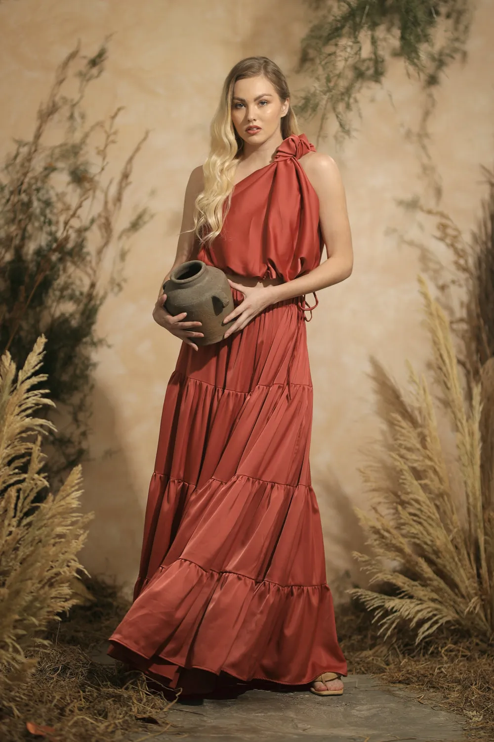 COSTA DEL SOL Twist Top with Four Layer Maxi Skirt  (Rust Silk)