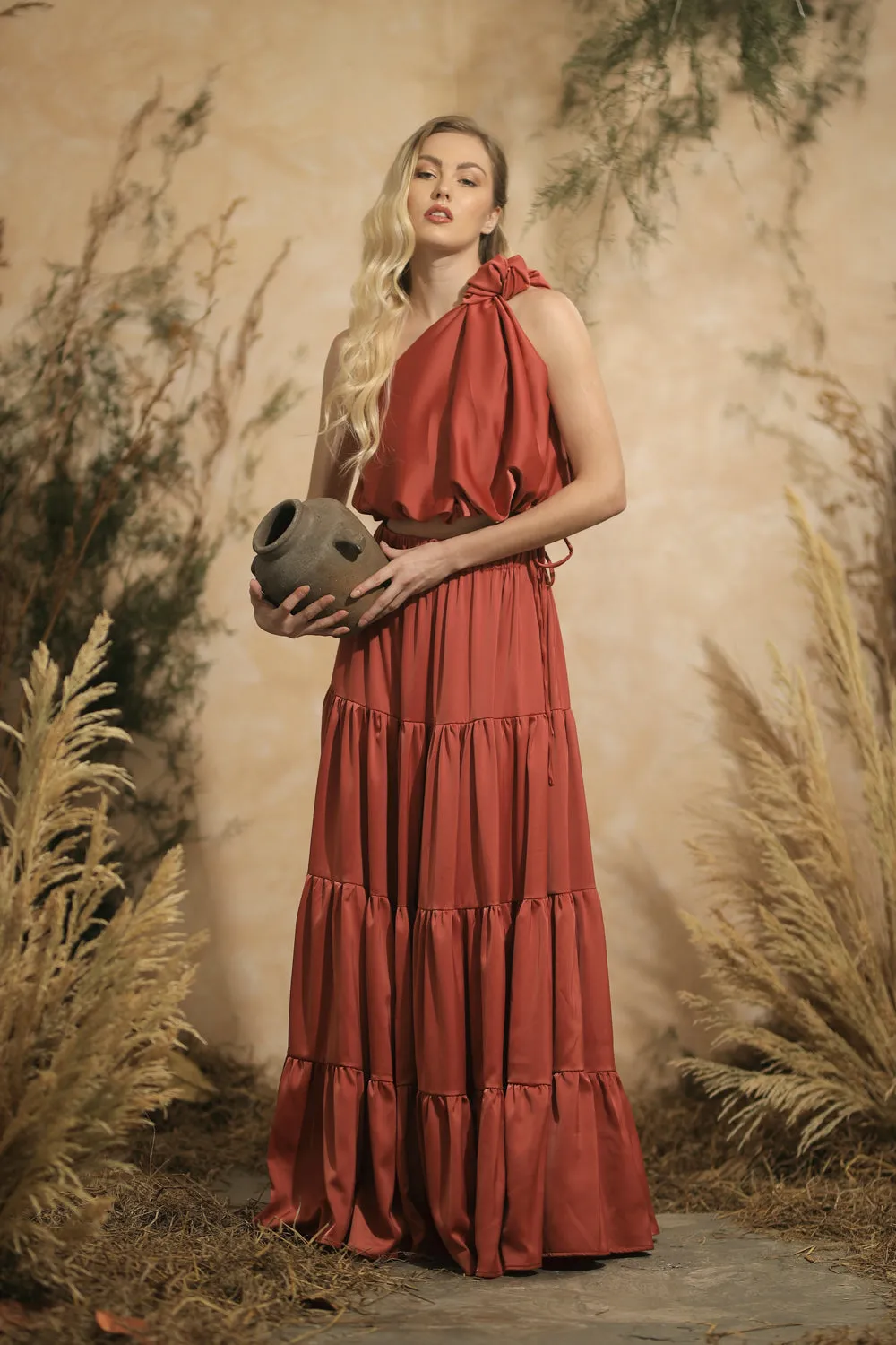 COSTA DEL SOL Twist Top with Four Layer Maxi Skirt  (Rust Silk)
