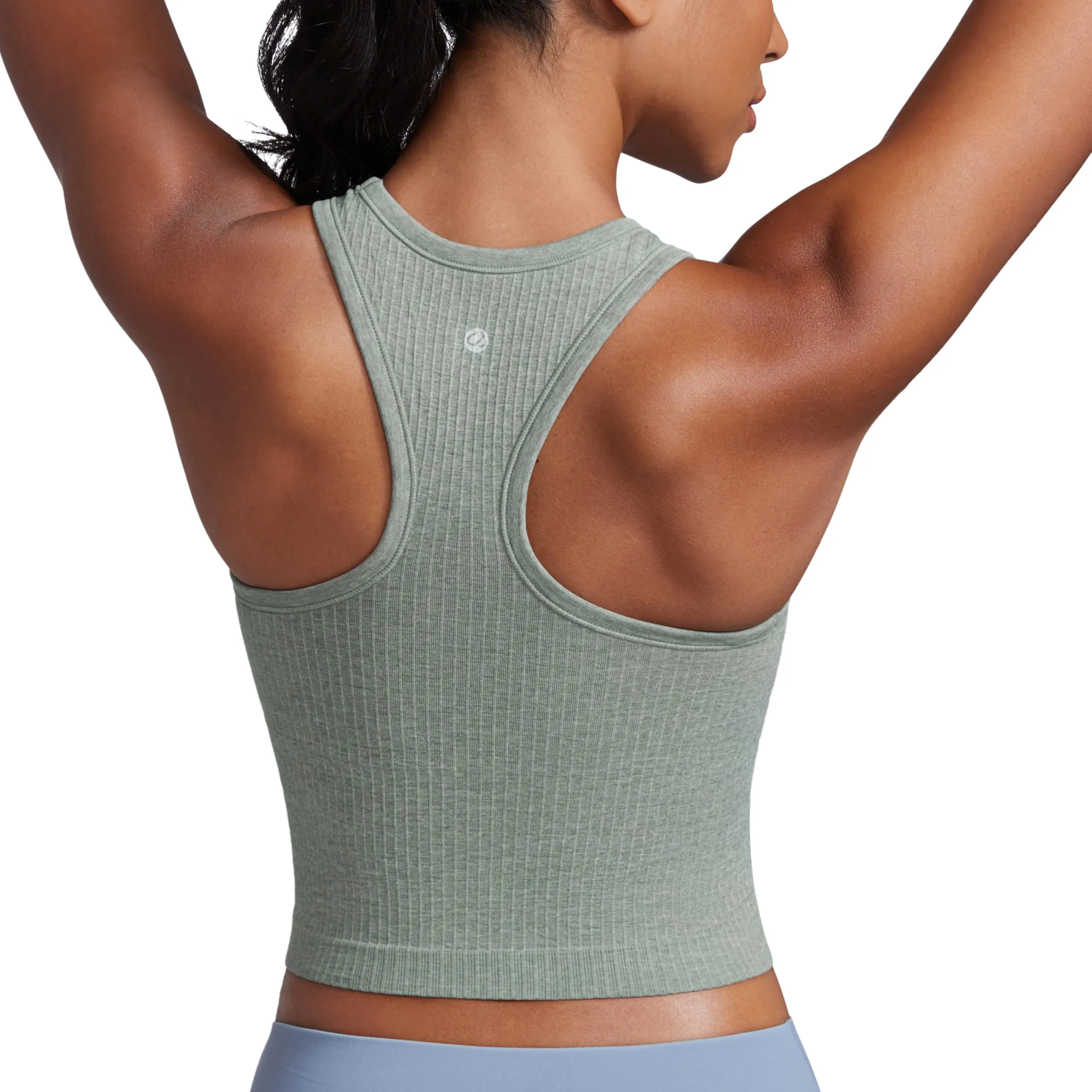 CRZ YOGA Womens Seamless Ribbed Longline High Neck Sports Bra - Racerback Padded Slim Fit Crop Tank Top with Built in Pads Dark Green Heather Large