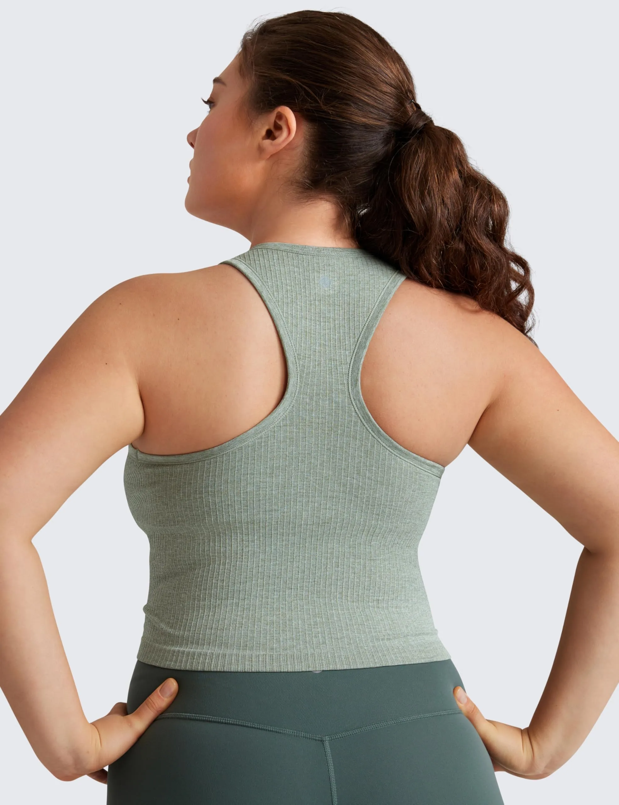 CRZ YOGA Womens Seamless Ribbed Longline High Neck Sports Bra - Racerback Padded Slim Fit Crop Tank Top with Built in Pads Dark Green Heather Large