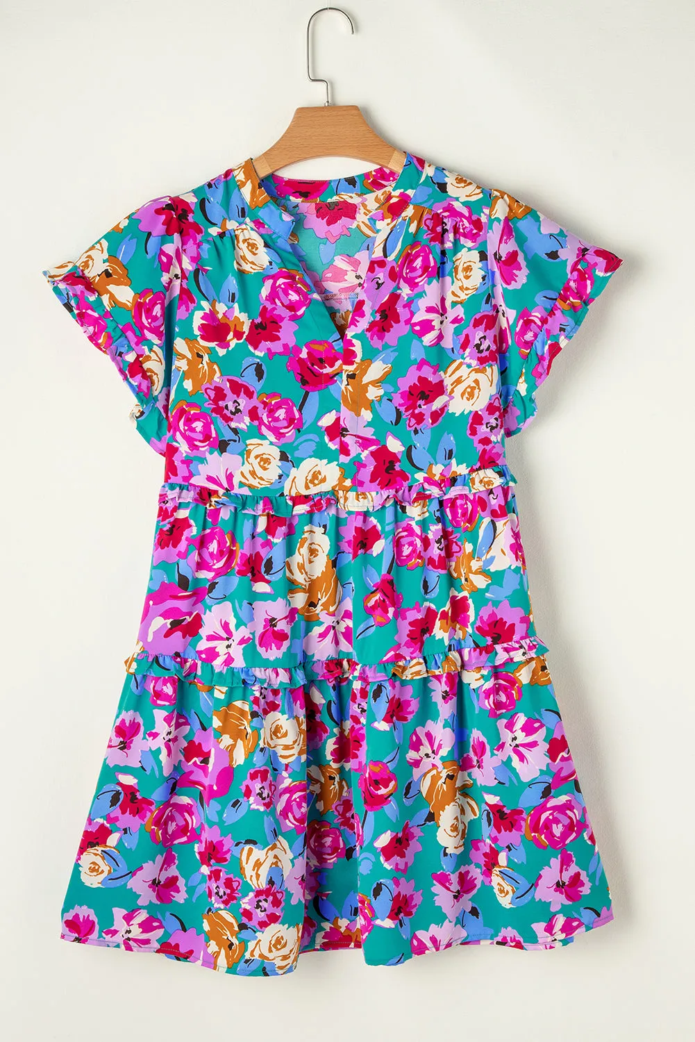 Floral Print Ruffled Short Dress with Tiered Design