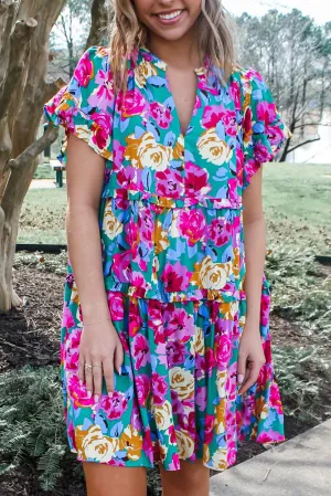 Floral Print Ruffled Short Dress with Tiered Design