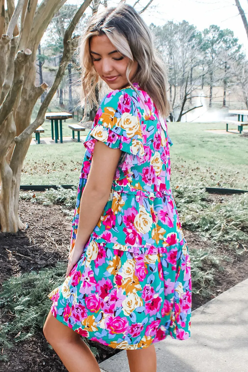 Floral Print Ruffled Short Dress with Tiered Design
