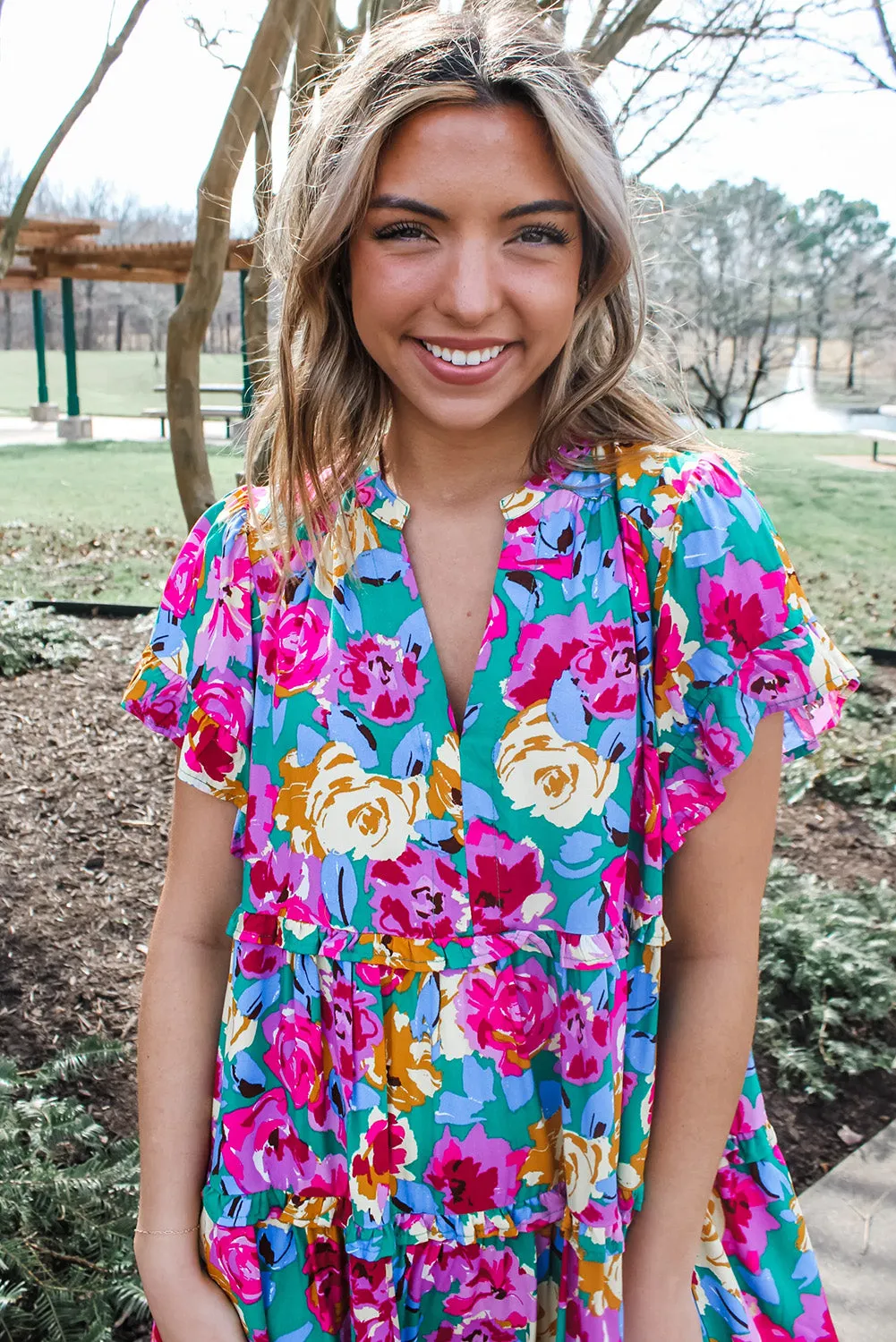 Floral Print Ruffled Short Dress with Tiered Design