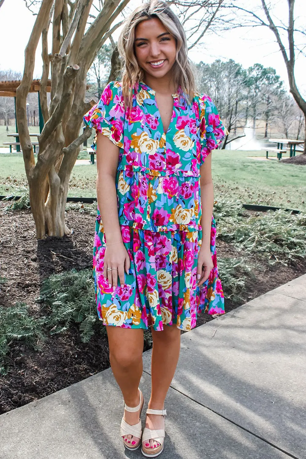 Floral Print Ruffled Short Dress with Tiered Design