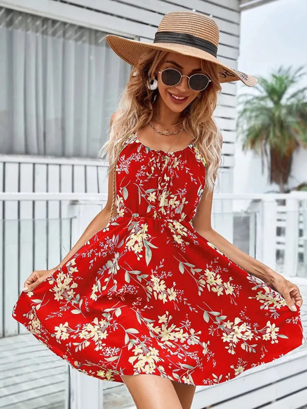 Floral Print Sleeveless Dress with Elastic Waist
