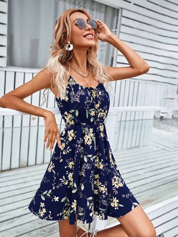 Floral Print Sleeveless Dress with Elastic Waist