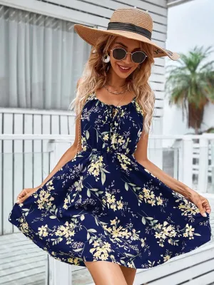 Floral Print Sleeveless Dress with Elastic Waist