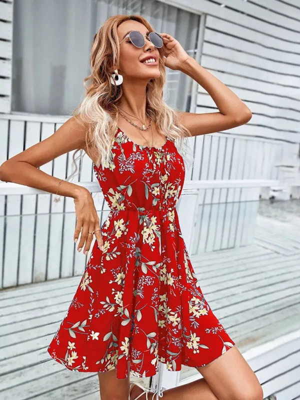 Floral Print Sleeveless Dress with Elastic Waist