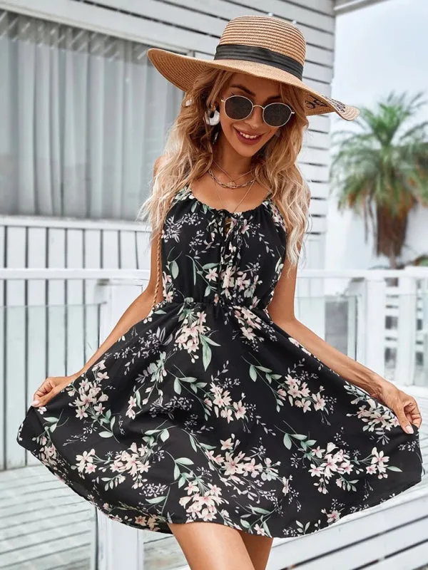 Floral Print Sleeveless Dress with Elastic Waist