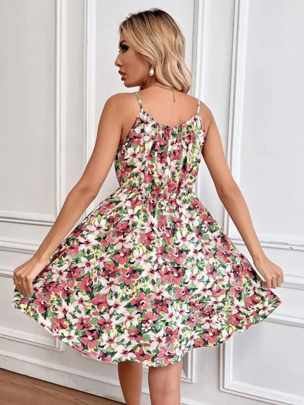 Floral Print Sleeveless Dress with Elastic Waist