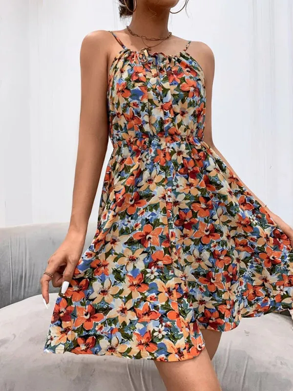 Floral Print Sleeveless Dress with Elastic Waist