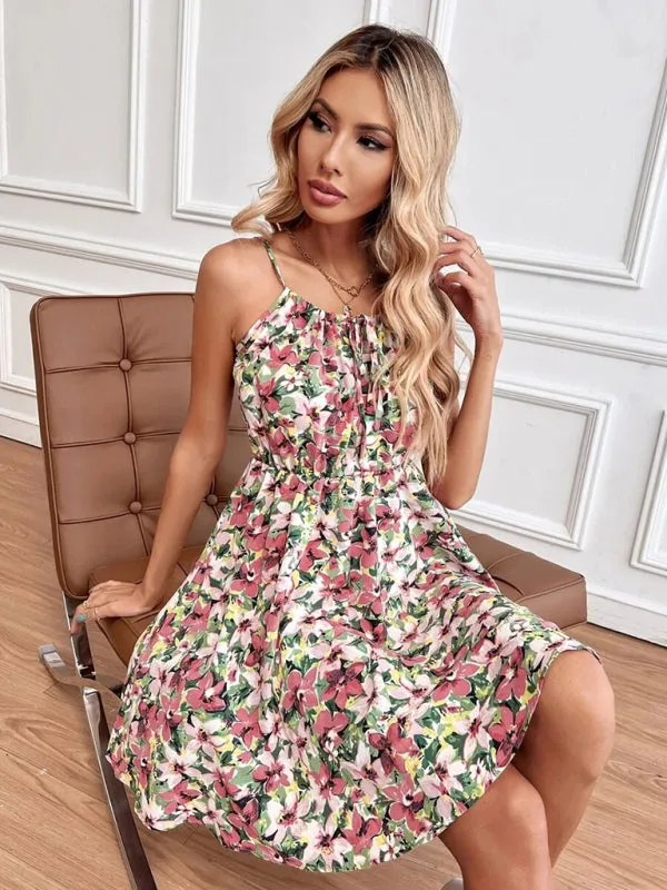 Floral Print Sleeveless Dress with Elastic Waist