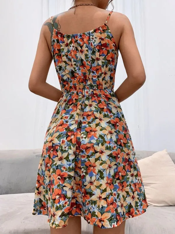 Floral Print Sleeveless Dress with Elastic Waist