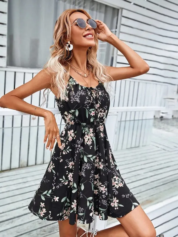 Floral Print Sleeveless Dress with Elastic Waist