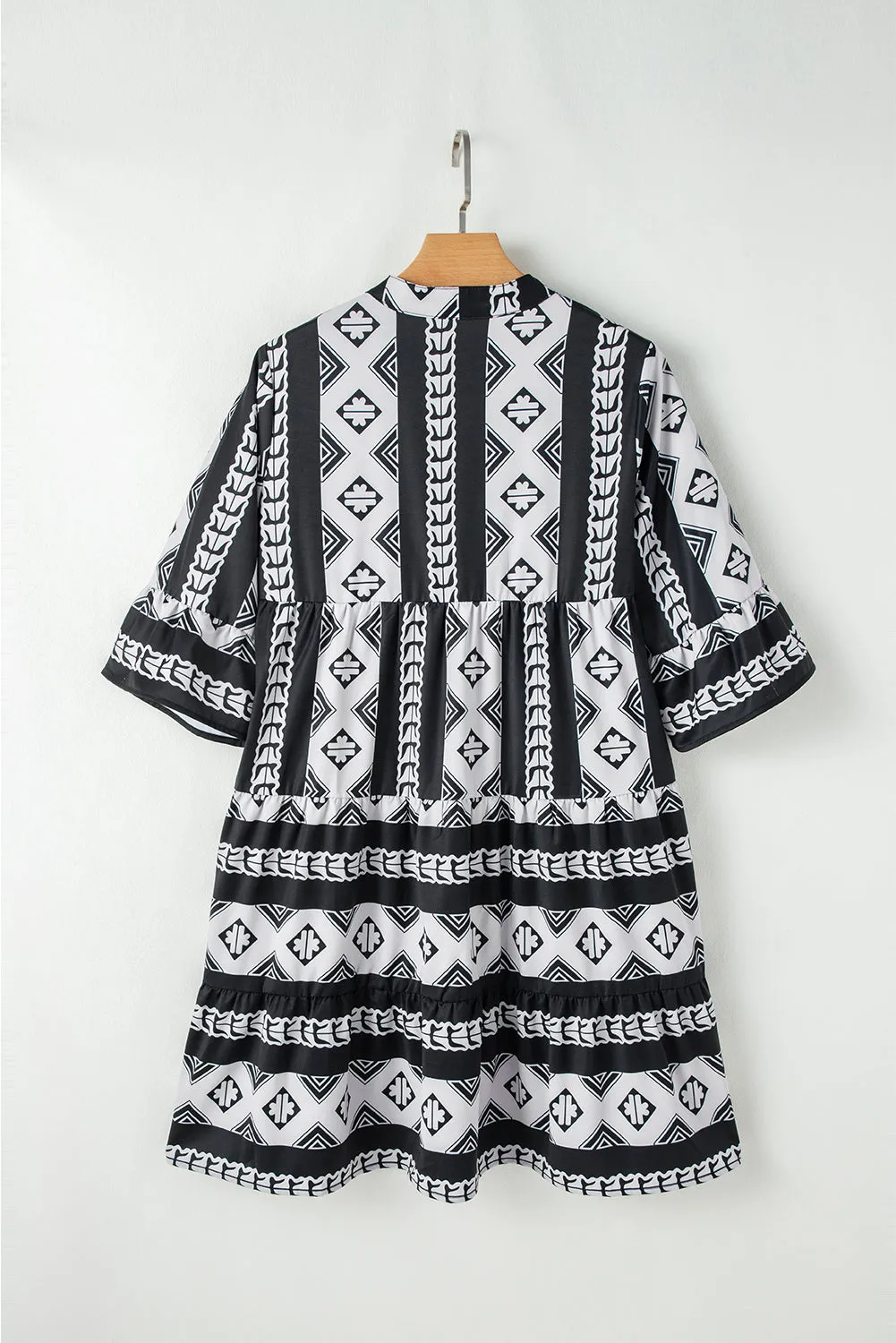 Geometric Print V Neck Dress with Ruffled Sleeves