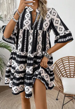 Geometric Print V Neck Dress with Ruffled Sleeves
