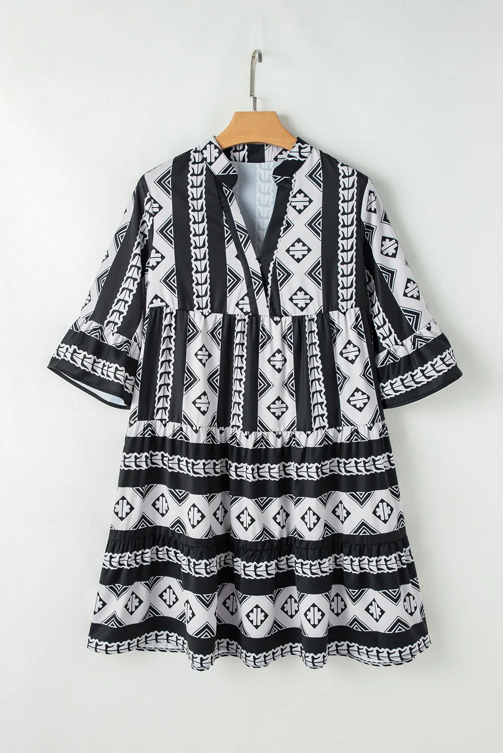 Geometric Print V Neck Dress with Ruffled Sleeves