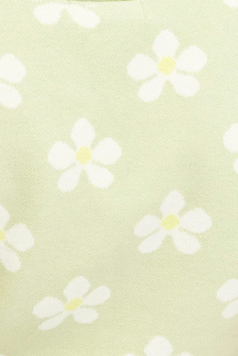 Green Floral Knit Cardigan Short sleeve