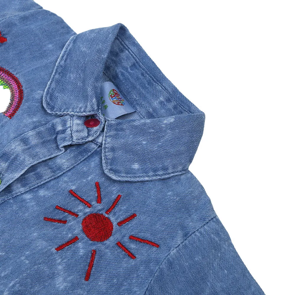 Infant Girls Top Denim Rainbow Emb - Ice Blue | Bachaa Party Baby Clothes Girls Tops & T-Shirts