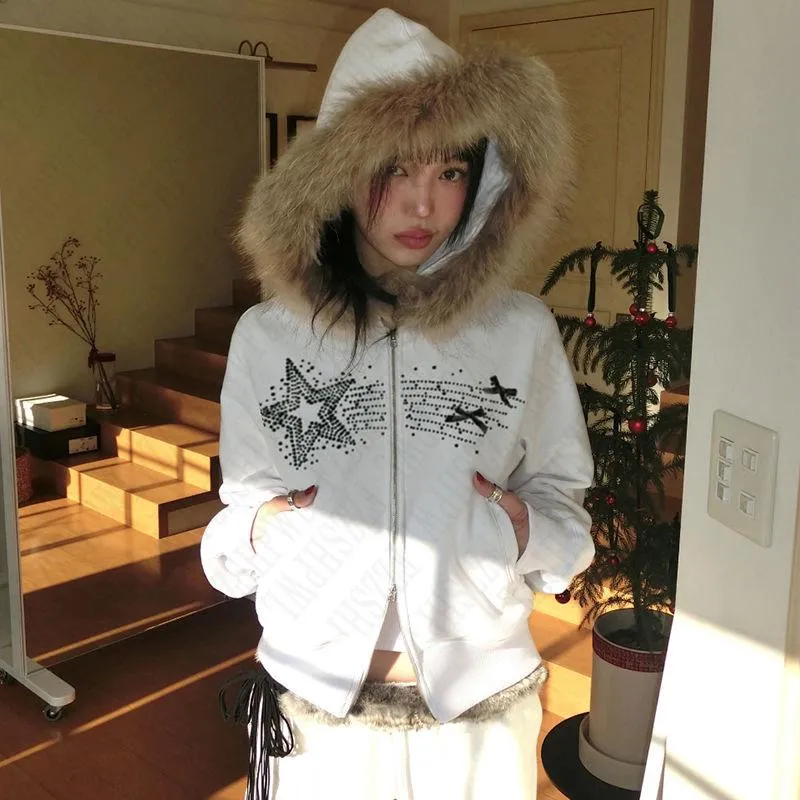 JazzHer Japanese Y2k fur coat for women Retro Korean style black hooded jacket Garbage aesthetic zipper thin 90s street wear Goth coat