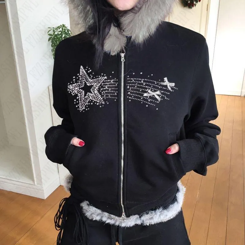 JazzHer Japanese Y2k fur coat for women Retro Korean style black hooded jacket Garbage aesthetic zipper thin 90s street wear Goth coat