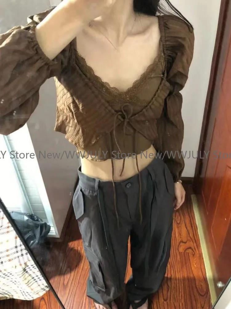 JazzHer Two Pieces Set Square Collar Women Sweet Solid Chic Bandage Cropped Cardigans   Fashion Y2k Aesthetic Streetwear Slim Tanks