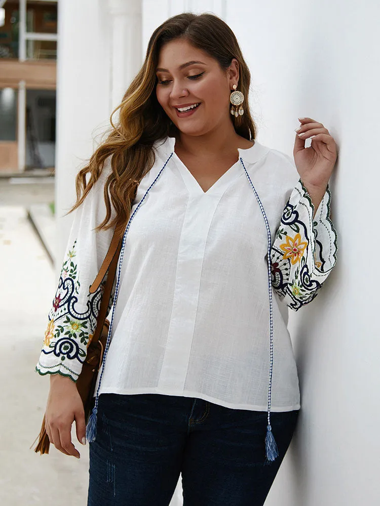 Large Size Women's Early Autumn Embroidered T-shirt Top