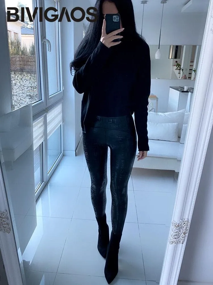 Letter Graffiti Leather Leggings for Women - Gothic Style Pencil Pants