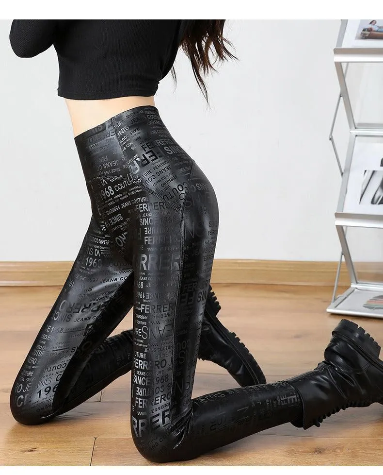 Letter Graffiti Leather Leggings for Women - Gothic Style Pencil Pants