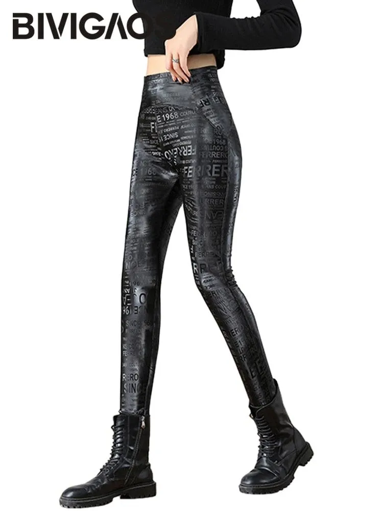 Letter Graffiti Leather Leggings for Women - Gothic Style Pencil Pants